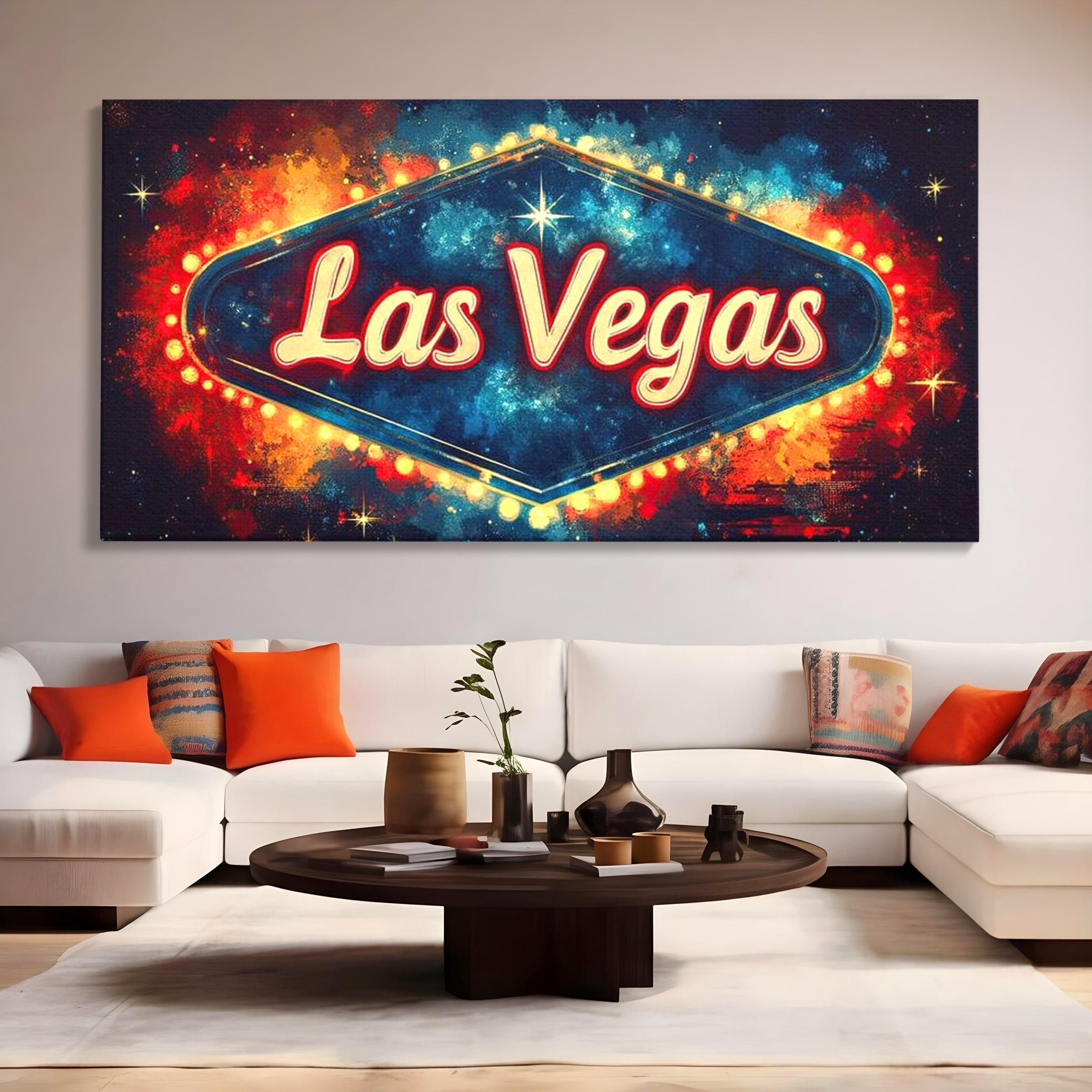 Tablou canvas cu tablou canvas cu semn neon las vegas, fara rama, pe sasiu de lemn, pe perete intr-un living